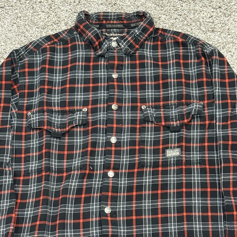 VTG Harley Davidson Flannel Shirt Orange Black Long Sleeve Button Up Mens XL